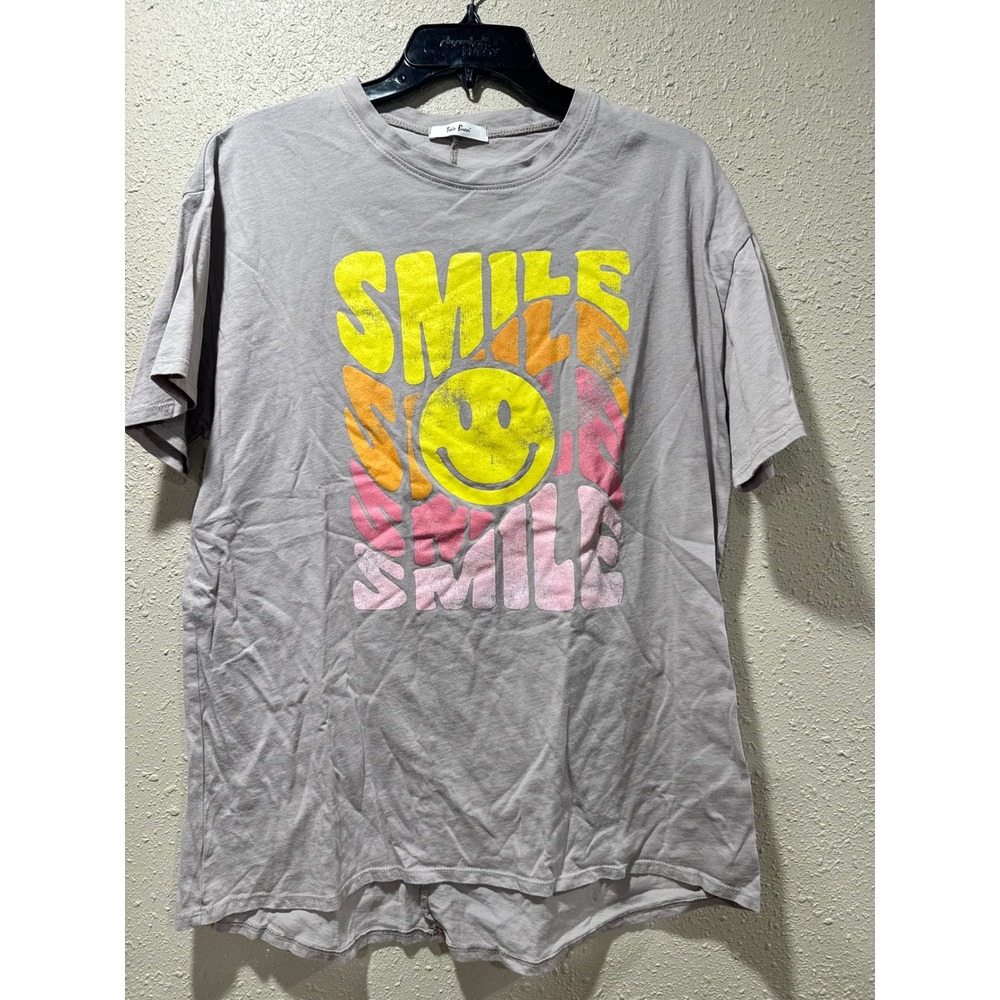 Tres Bien Womens Smile Graphic Tee Mauve Grey Retro Smiley Face T-Shirt L